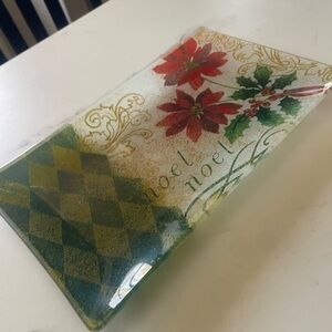 Festive Glass Tray with Poinsettia Design